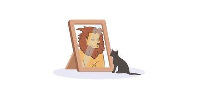 Small black cat looking herself at mirror as lion vector