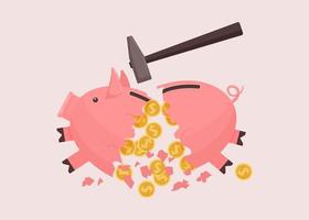 Piggy bank broken by hammer vector