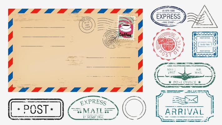 Realistic envelope with various stamps
