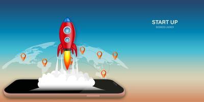 Online application startup design with rocket on mobile vector