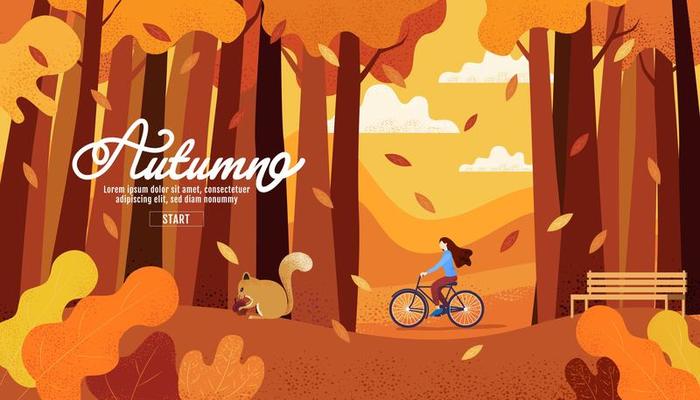 Autumn start page with woman on bicycle in forest