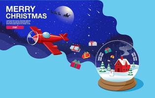 Merry Christmas snow globe and airplane dropping presents vector