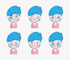 Blue haired young boy with different facial expressions vector