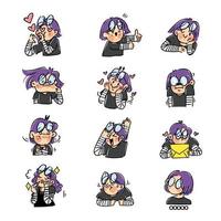 Expressive Purple Haired Girl Sticker Set vector