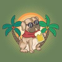 perro pug bebe una cerveza en verano vector