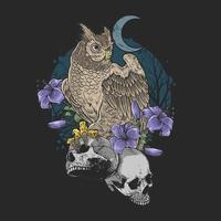 Owl with purple flowers clutching skulls vector
