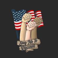Say no to racism design with raised fists on American flag vector