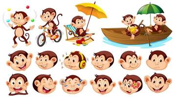 Set of monkeys with different facial expressions isolated vector