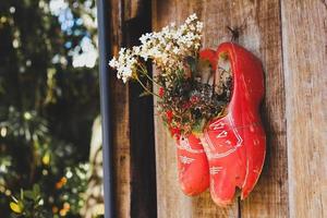 Wooden shoe planters on wall photo