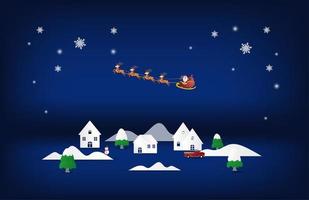 Paper art Santa Claus and reindeer flying over houses vector