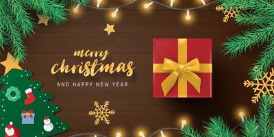 Merry Christmas gift and decorations on wood vector