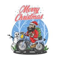 Merry Christmas text with Santa Claus on motorcycle