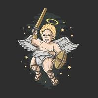 Cute cupid angel with sword and shield