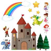 Conjunto de castillo de cuento de hadas para niños y dragón con arco iris en el cielo vector