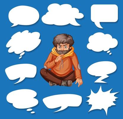 Different shapes of speech bubbles and man thinking