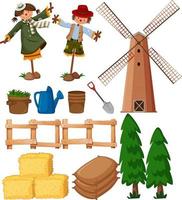 Set of farming items with scarecrows and windmill vector