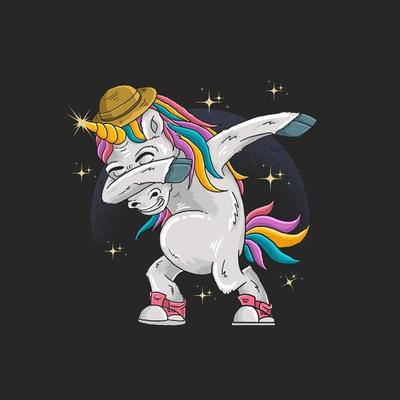 Unicorn with hat dabbing in front of sparkles