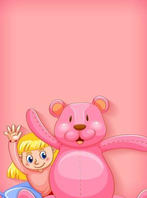 Girl and pink teddybear on pinke