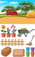 Farm scene with barns and other farming items vector