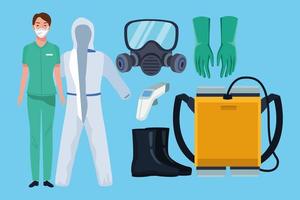 Doctor with Biosafety Equipment Elements for COVID-19 Protection vector