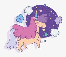 lindo unicornio en la noche vector