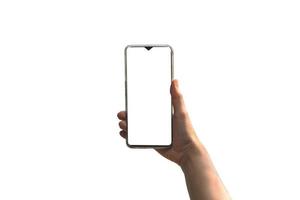 Human hand holding a smartphone with a blank white screen on a white photo