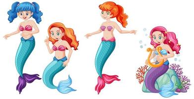 Set of cute happy mermaids in cartoon character style vector
