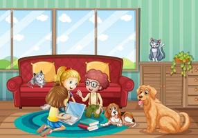 Scene with kids working on floor at home vector