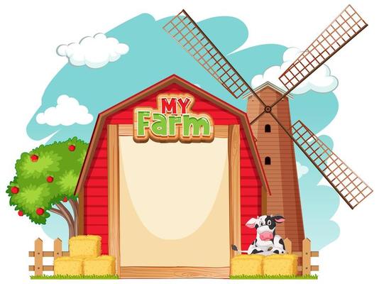 Border template design with red barn and cow