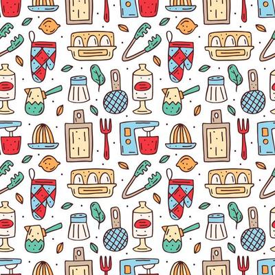 Hand drawn colorful kitchen elements seamless pattern