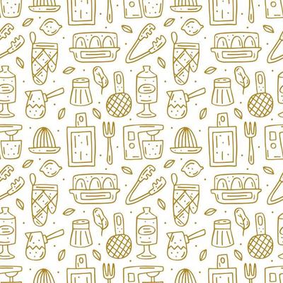 Hand drawn golden outline kitchen elements seamless pattern