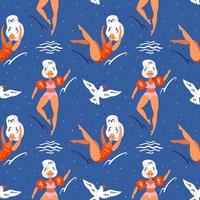 Seagull and swimming girl with arm inflatables seamless pattern vector