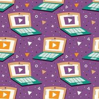 Laptops on violet background with triangles seamless pattern vector