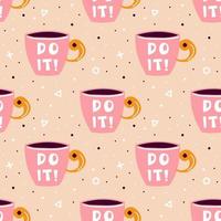 Pink cup of tea, coffee seamless pattern with shapes vector