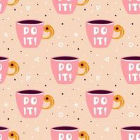 Pink cup of tea, coffee seamless pattern with shapes vector