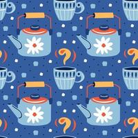 Cute little blue cups and kettles seamless pattern vector