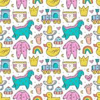 Baby items cute hand drawn doodle seamless pattern vector