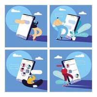 Set of poster with men and smartphones chatting vector