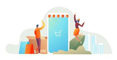 Happy family couple shopping on smartphone vector