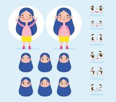 Cute girl with different faces set vector