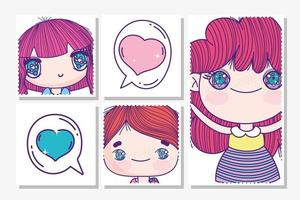 Anime girls and boy stamp frame template vector