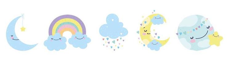 Cute little moons, clouds and a rainbow set vector