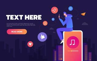 Young man dancing to the music on his phone vector