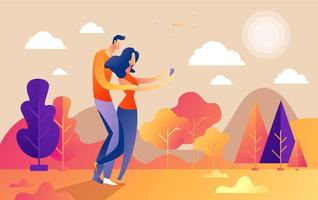 Guy and girl couple characters take selfie in the park vector
