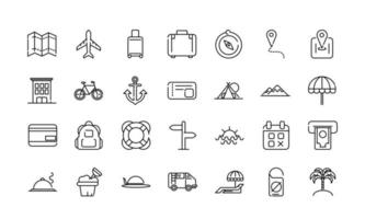 Vacation and tourism thick line art icons set vector