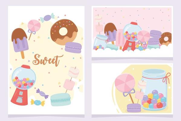 Sweet candies and desserts cards set