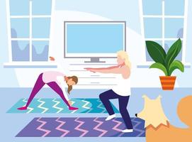 Two people doing home workout vector