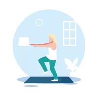 Young man doing exercises at home vector