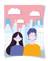 Cute couple wearing masks on a urban landscape vector