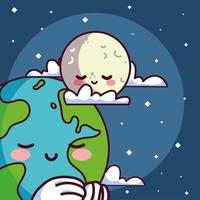 kawaii planeta tierra con luna sonriendo vector